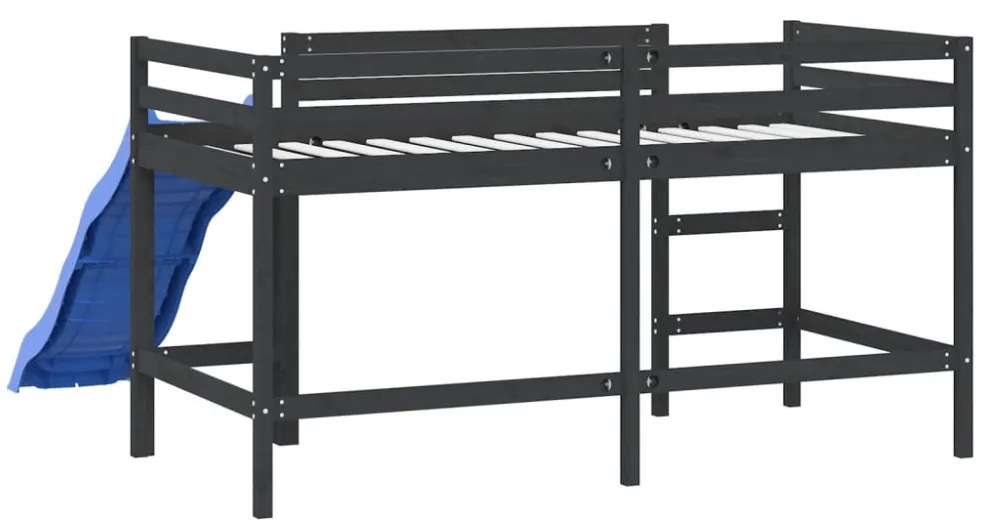 fekete tömör fenyőfa gyerek galériaágy csúszdával 90 x 190 cm
