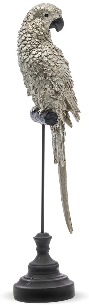 Tropical fekete csőrös ezüst kakadu papagáj szobor fekete állványon 46x10x10cm