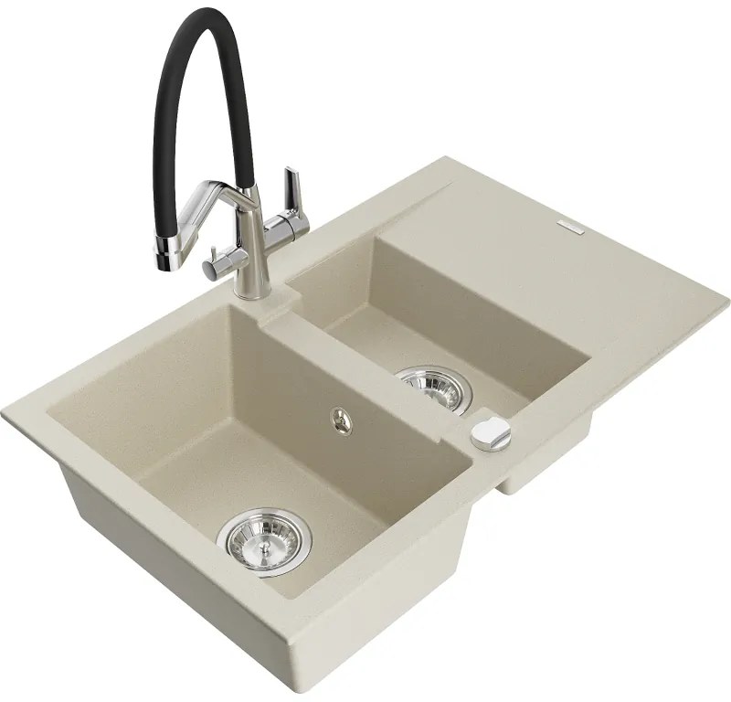 Mexen Gaspar 1,5 rekeszes gránit mosogató elvezetővel és Duo konyhai csapteleppel, bézs - 6507-69-671701-07