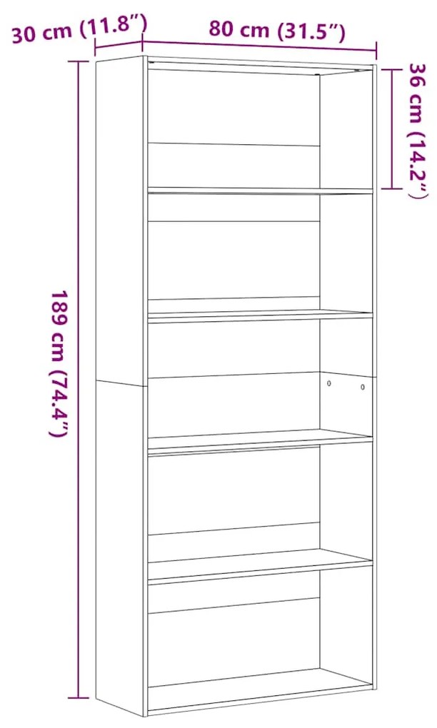 fekete tölgy szerelt fa könyvszekrény 80x30x189 cm