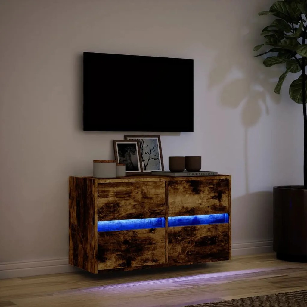 füstös tölgy színű fali TV-szekrény LED-ekkel 80x31x45 cm