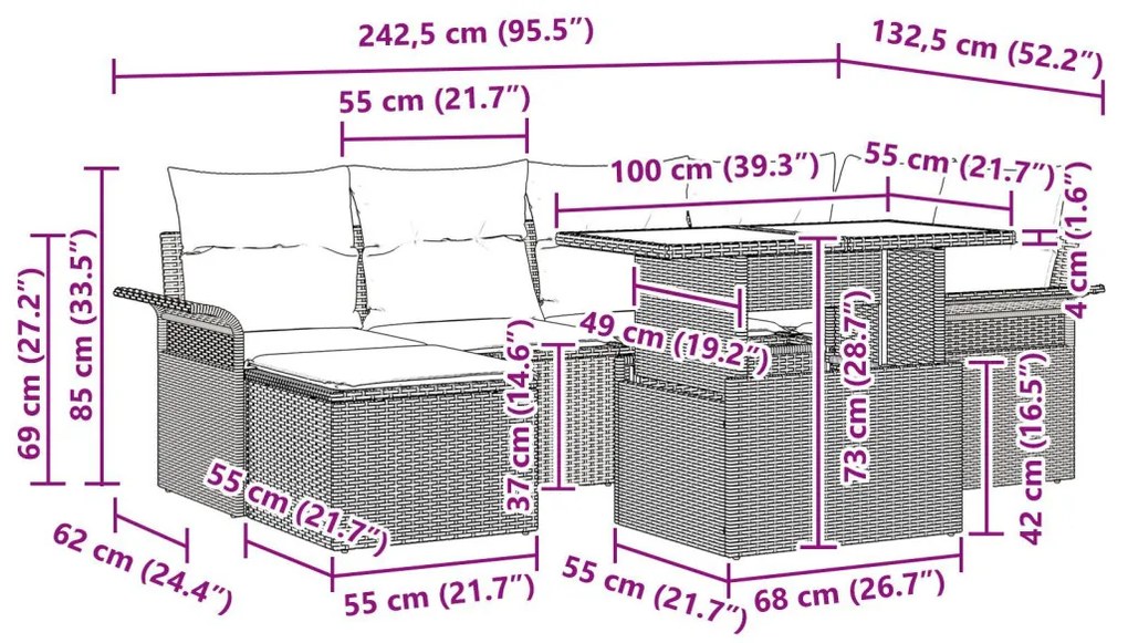 7 Darabos Kerti Kanapészett Párnákkal Világosszürke Poly Rattan, 2-Személyes Kerti Kanapé Tárolóval és Párnákkal Világosszürke Poly Rattan