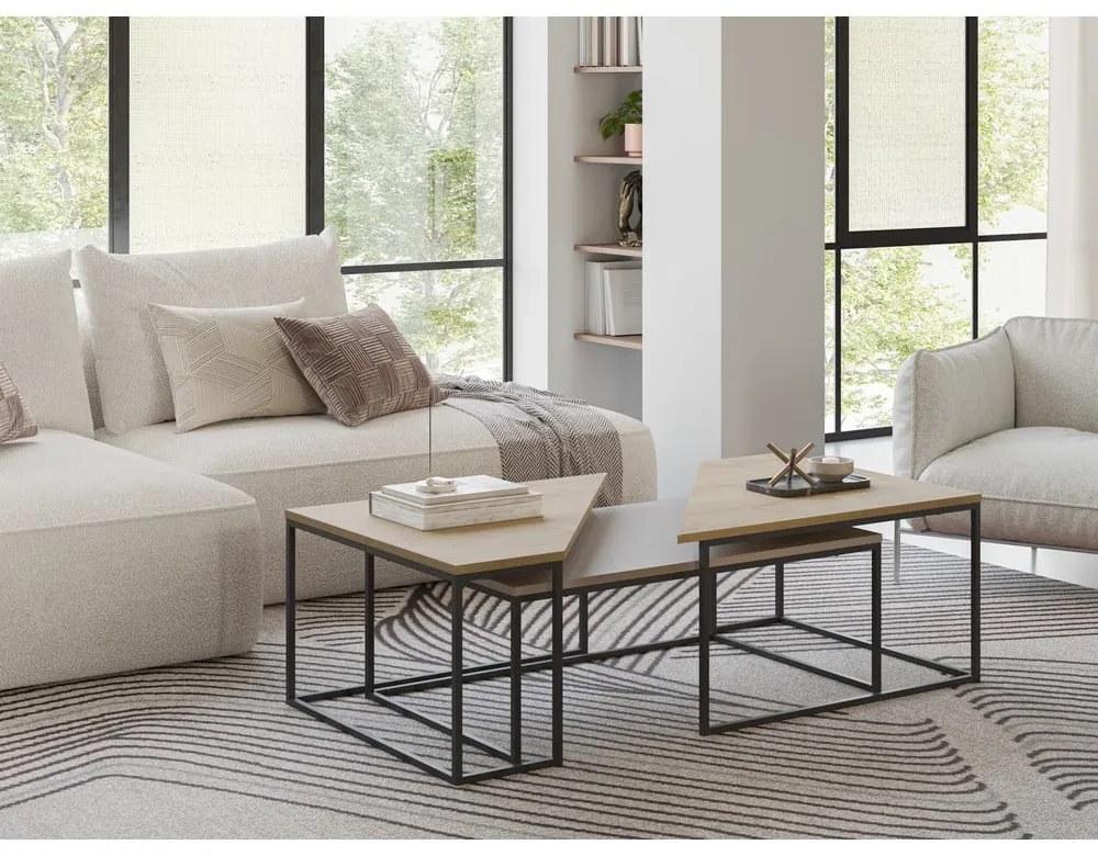 Dohányzóasztal szett tölgyfa dekoros asztallappal, 3 db-os 70x110 cm Titan – Marckeric