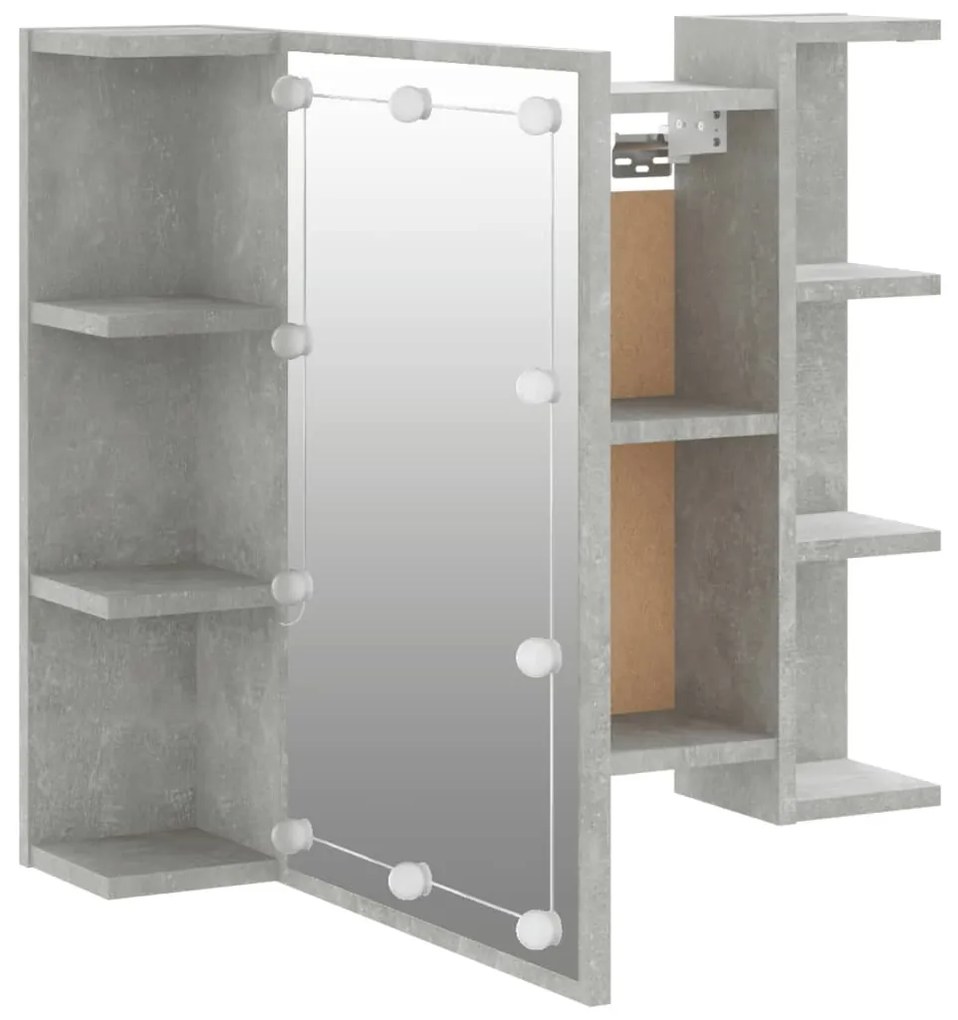 betonszürke tükrös szekrény LED-ekkel 70 x 16,5 x 60 cm