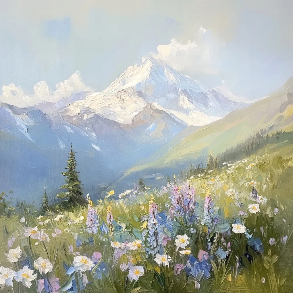 Vászonkép Canvas Tájkép Hegyek Csúcsok Alpok Rét Virágok Tavasz 40x40