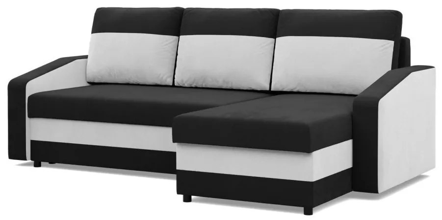 Hewlet sarokkanapé, 2 ágyneműtartóval, szövet anyag, univerzális oldal, bonell töltet, fekete - fehér