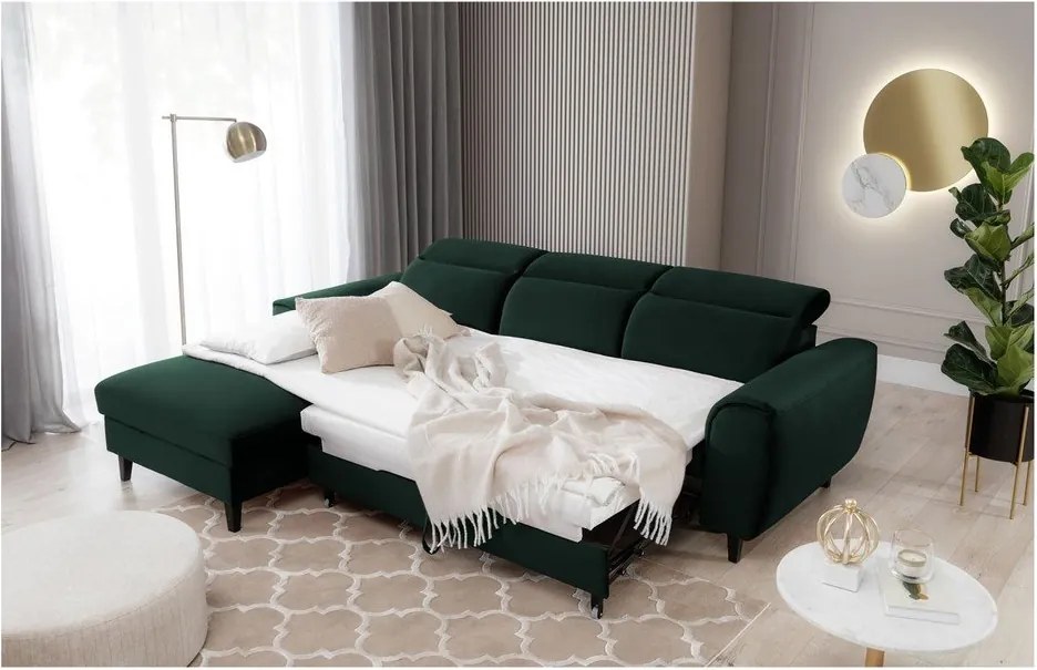 Sötétzöld bársony kinyitható-tárolóhelyes sarokkanapé (bal oldali-heverő résszel) Foble – ELTAP