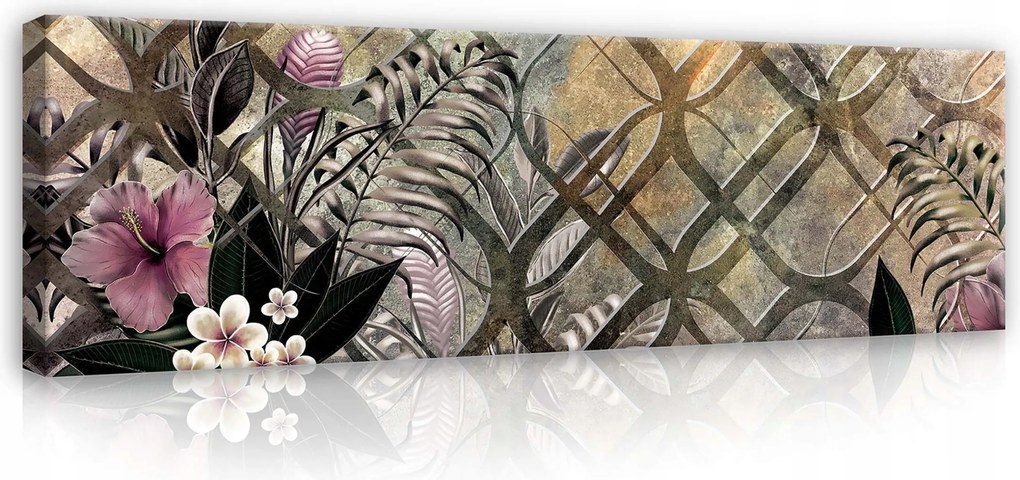 Vászonkép 145x45 Trópusok botanika levelek virágok hibiszkusz minta egzotikus