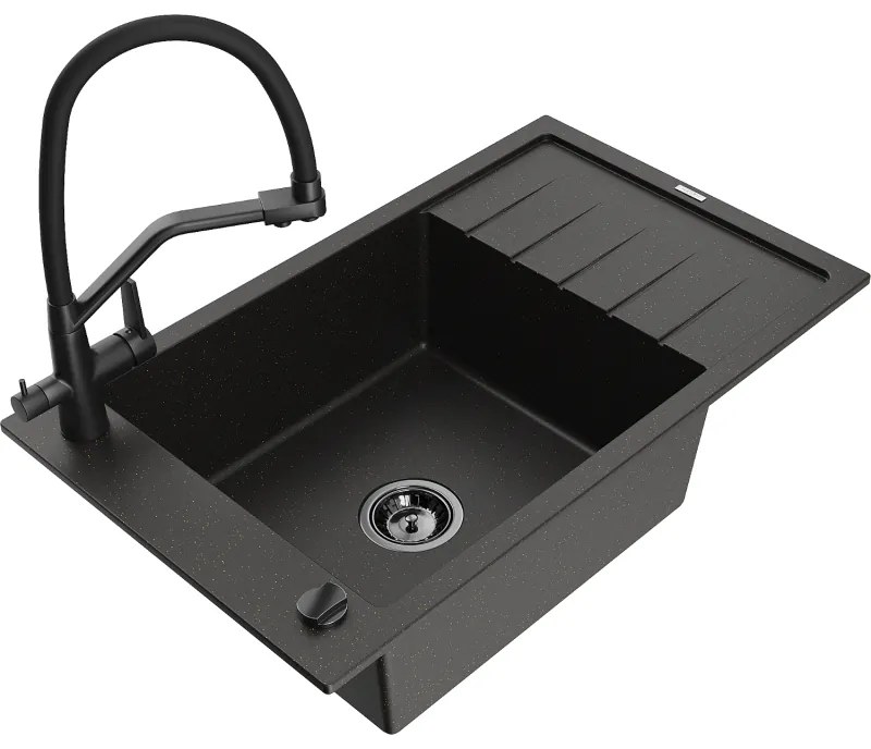 Mexen Elias 1-kamrás gránit mosogató lefolyóval és Duo konyhai csapteleppel, fekete/arany metál - 6511-75-671701-70-B