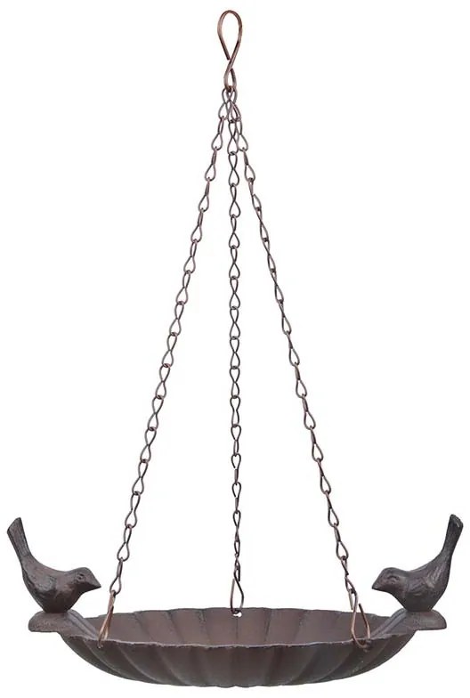 Felakasztható öntöttvas madáretető és itató, két kismadárral