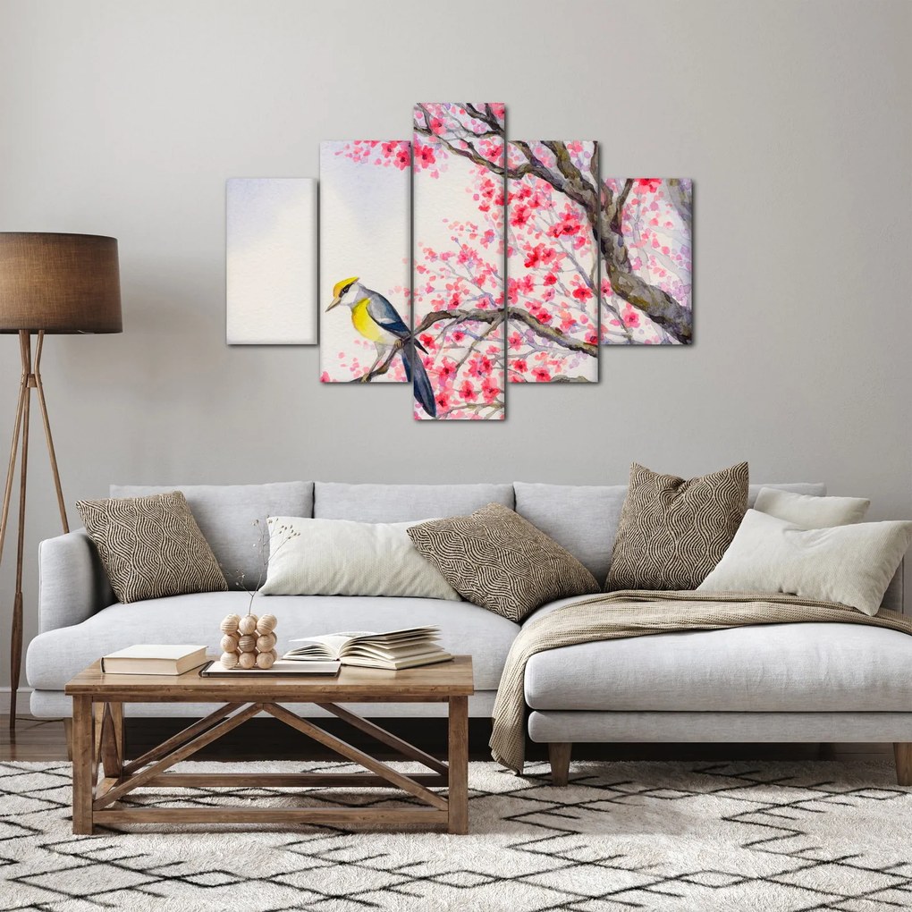 Kép - Madár egy fán, piros virágokkal (150x105 cm)