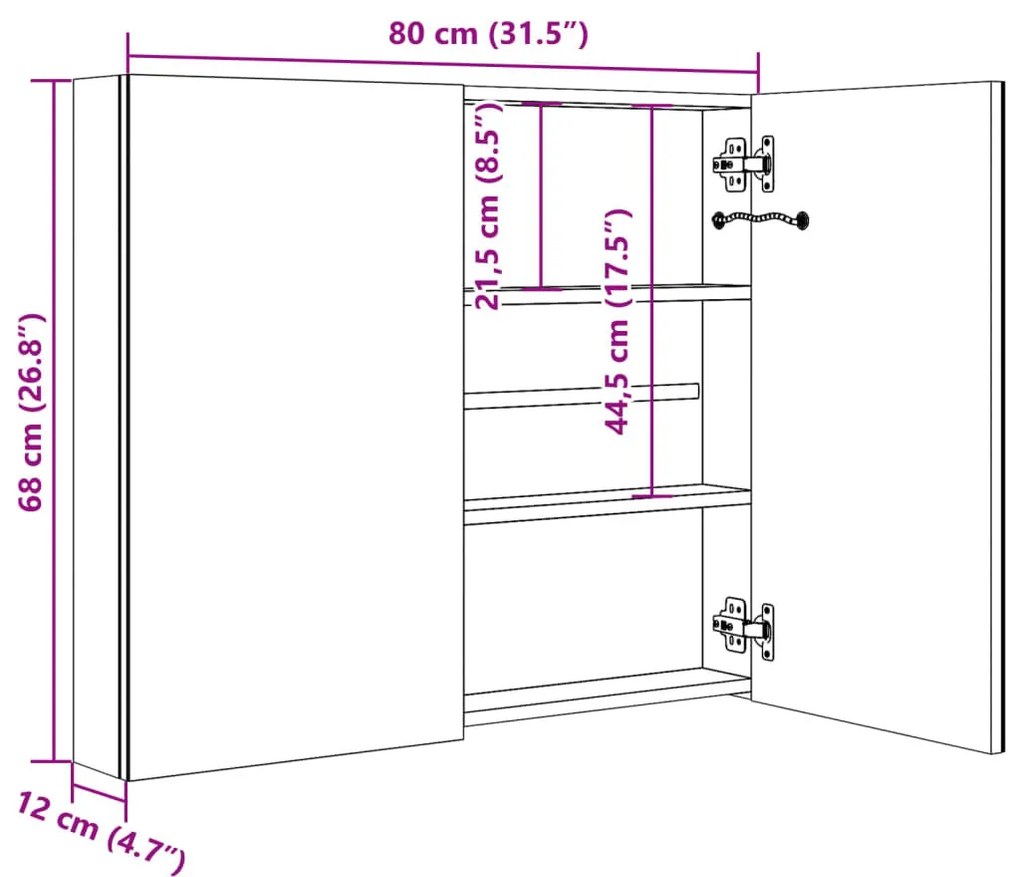 fényes fekete LED-es tükrös fürdőszobaszekrény 80 x 12 x 68 cm