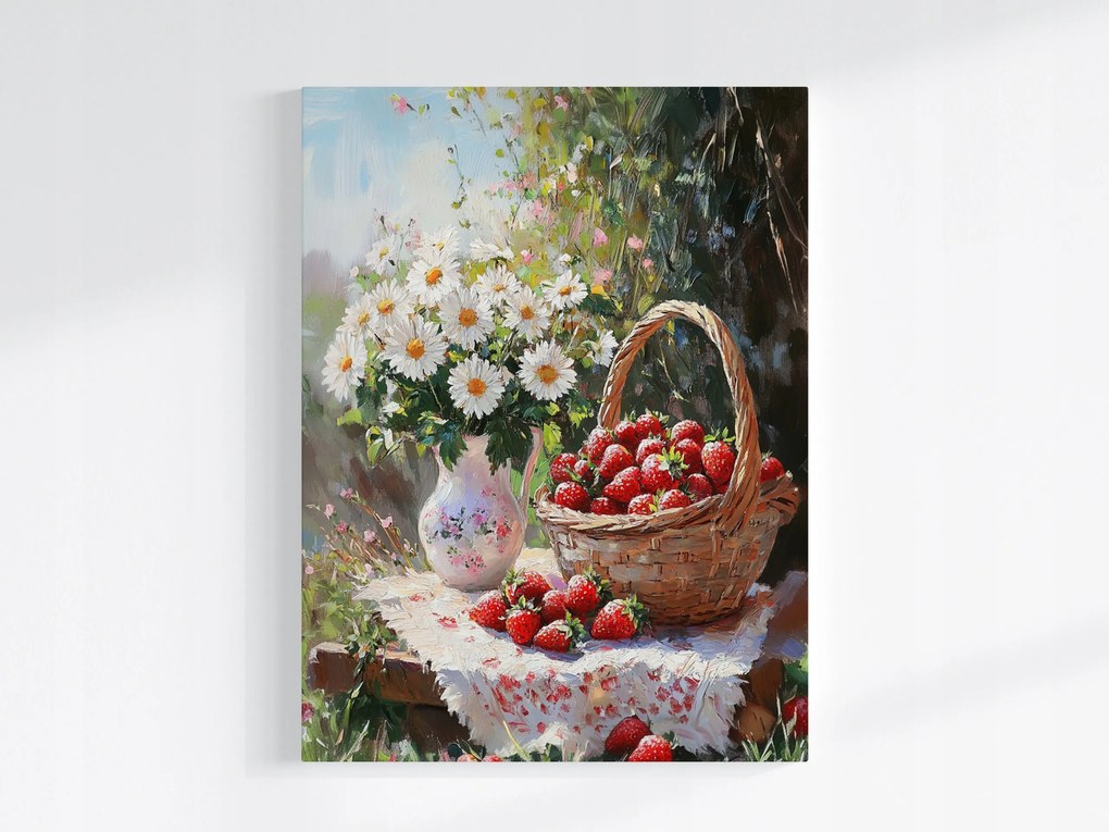 Vászonkép Canvas Kert Nyár Virágok Váza Gyümölcs Kosár Eper 60x80