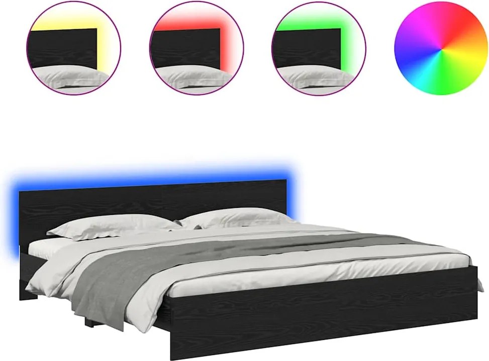 vidaXL Ágykeret LED -es lámpákkal Fekete tölgy 200 x 200 cm Faanyag