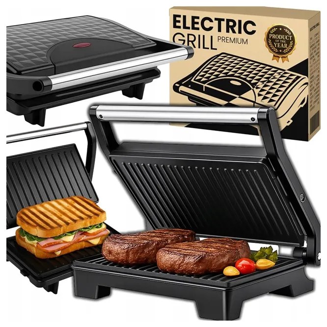 Elektromos, tapadásmentes kontakt grill szendvicssütő és Panini sütő, 750 W, RT