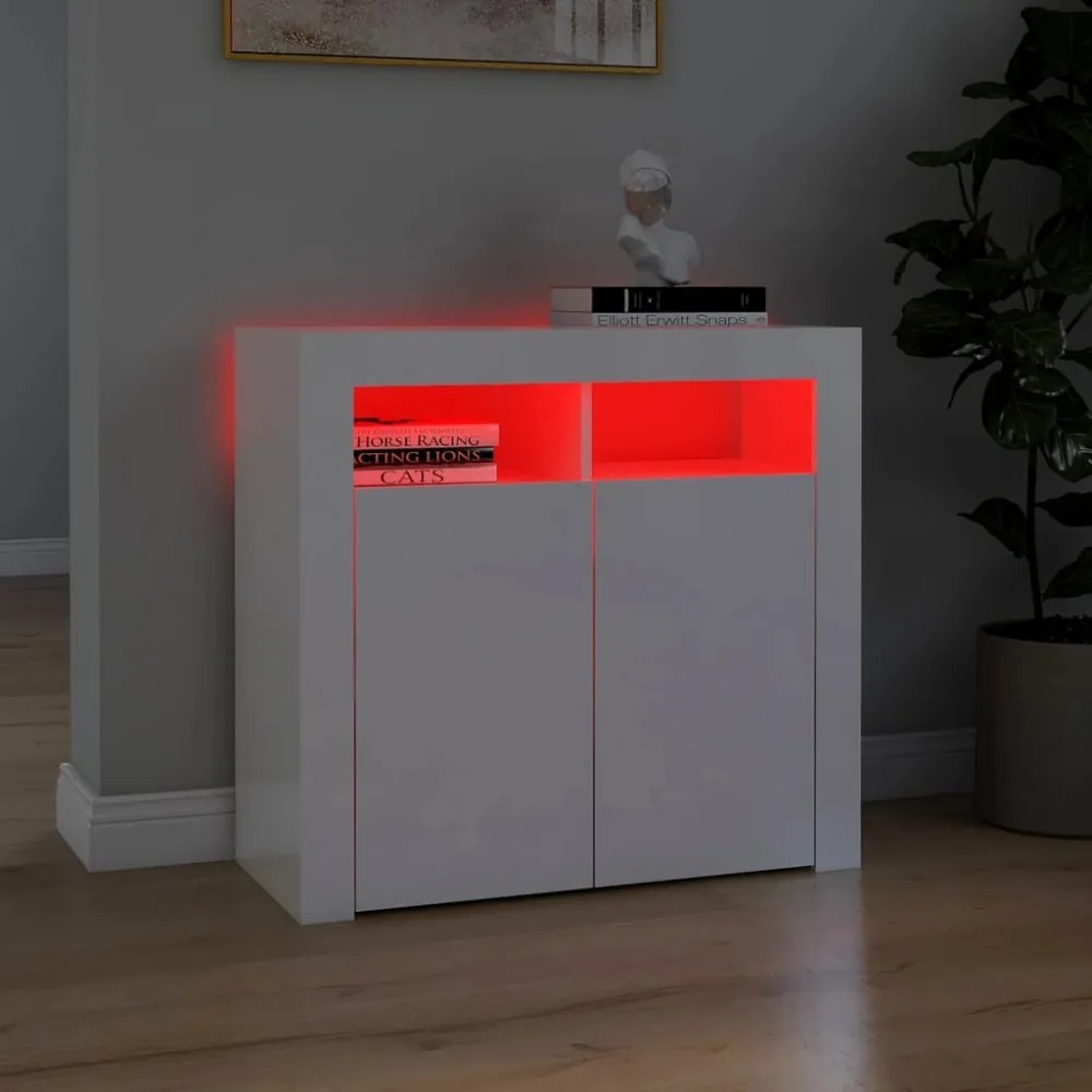 magasfényű fehér tálalószekrény LED-lámpákkal 80 x 35 x 75 cm