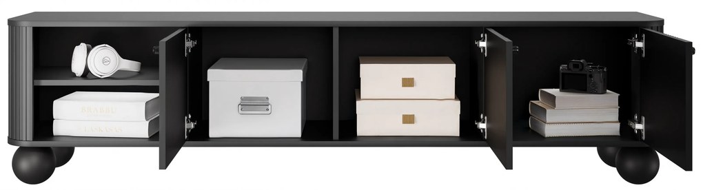 Vesper háromajtós TV szekrény 187 cm - fekete / fekete fogantyúk / gömb alakú lábak