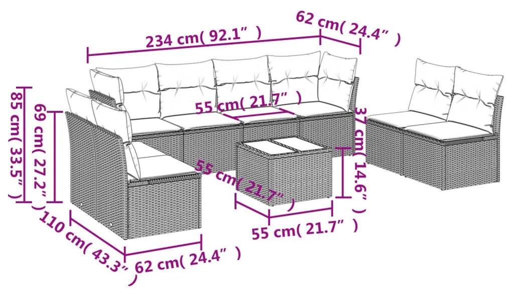 9 részes szürke polyrattan kerti ülőgarnitúra párnákkal