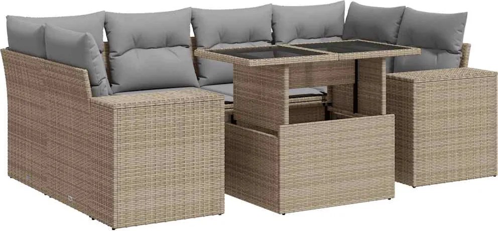 vidaXL 7 részes bézs polyrattan kerti ülőgarnitúra párnákkal