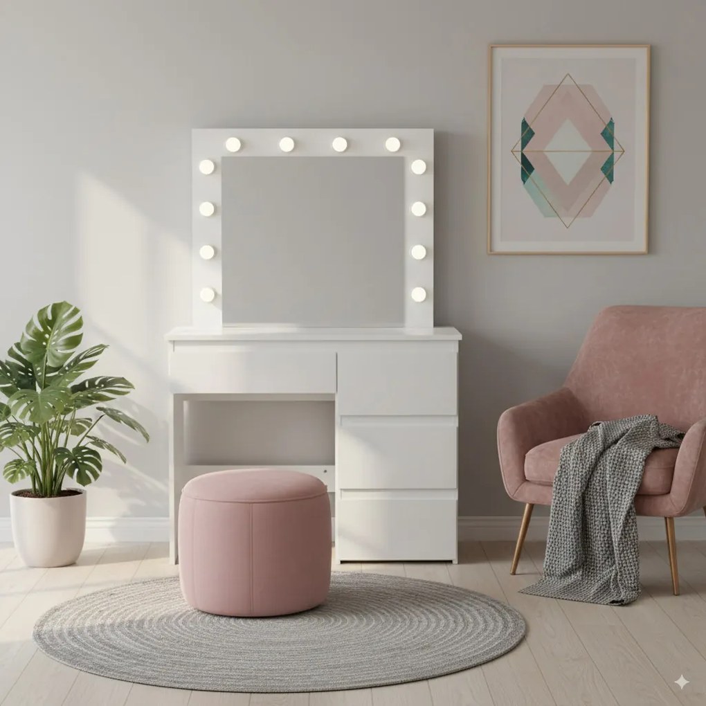 Fehér fésülködőasztal világítással és 4 fiókkal 94 cm x 43 cm x 140 cm