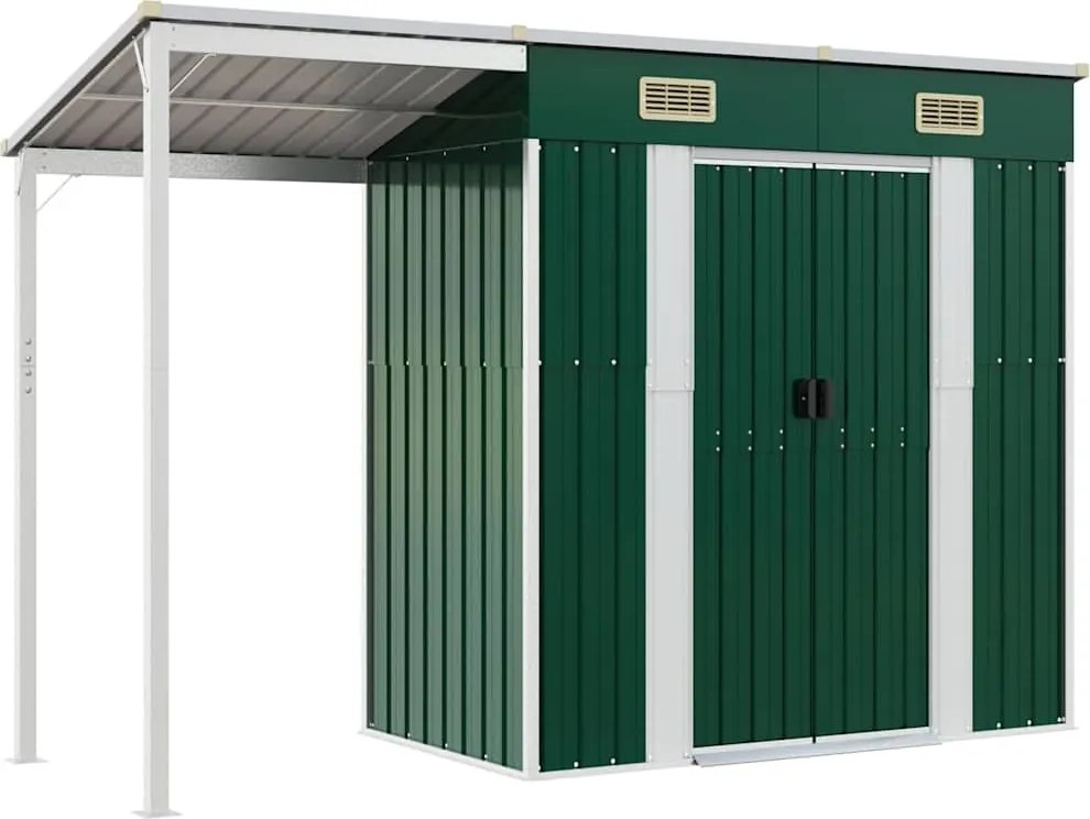 vidaXL zöld kerti fészer meghosszabbított tetővel 277x107x181 cm
