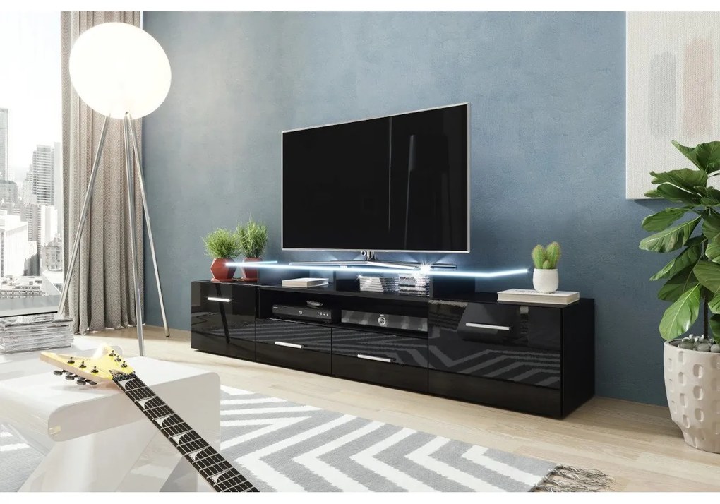TV asztal + szekrény Blaise (fekete + fényes fekete) (fehér LED világítás). 1058803
