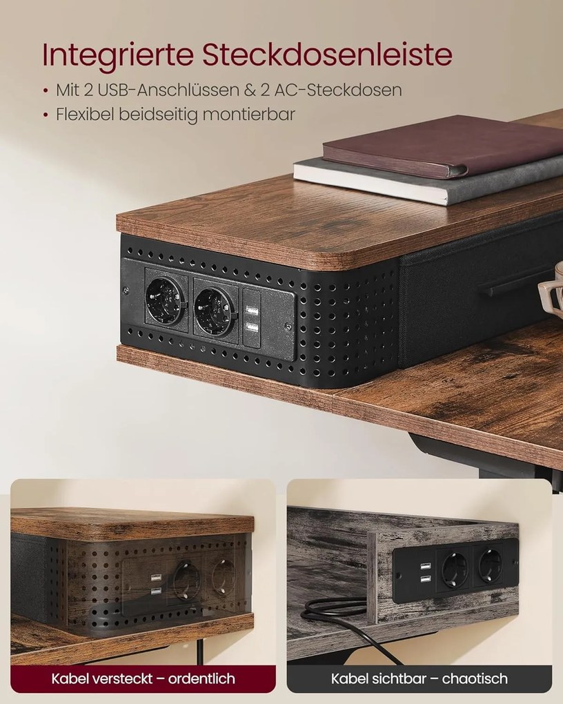 Magasságállítható elektromos íróasztal led világítással(7 szín), 60 x 120 cm, vintage barna/fekete