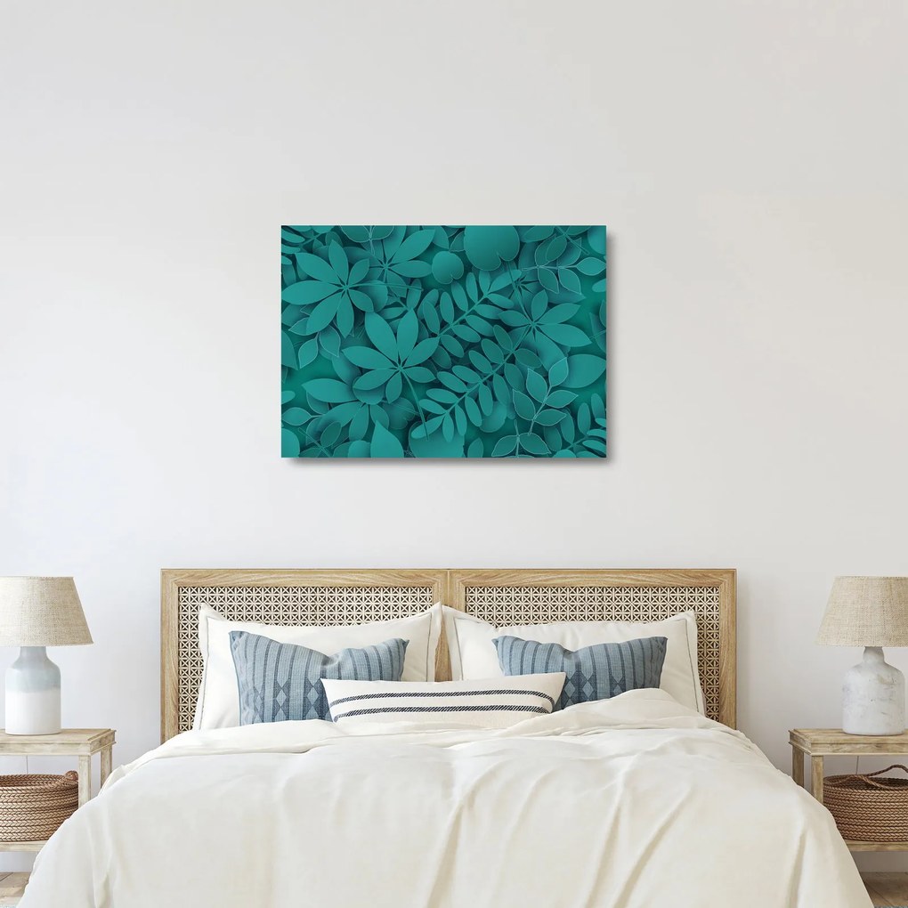 Üveg kép - Türkiz levelek (70x50 cm)