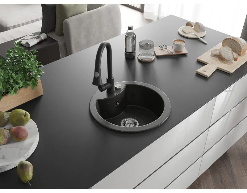 Mexen Diego, 1 kamrás gránit mosogató 488x488x167 mm és Elia mosogató csaptelep, fekete-arany metál, 6512-75-670101-70