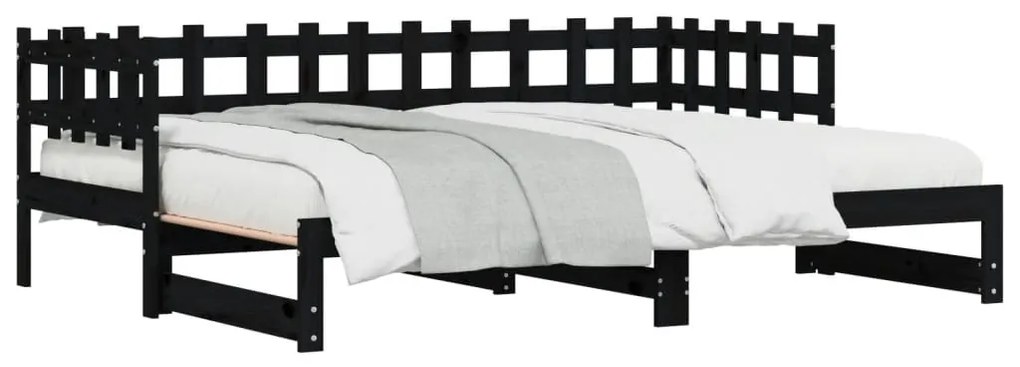 fekete tömör fenyőfa kihúzható kanapéágy 2 x (80 x 200) cm