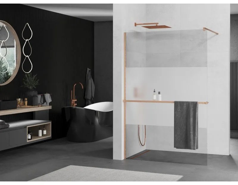 Mexen Kioto+, Walk-In zuhany paraván polccal és akasztóval 90 x 200 cm, 8 mm átlátszó matt üveg, réz matt profil, 800-090-121-65-35