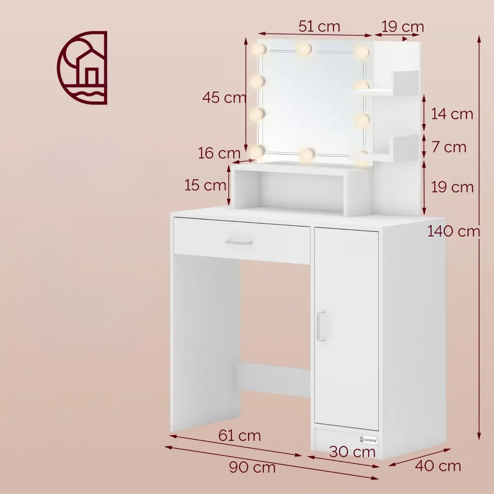 JOCELYN fésülködőasztal világítással, 140×90×40cm, fehér Casaria