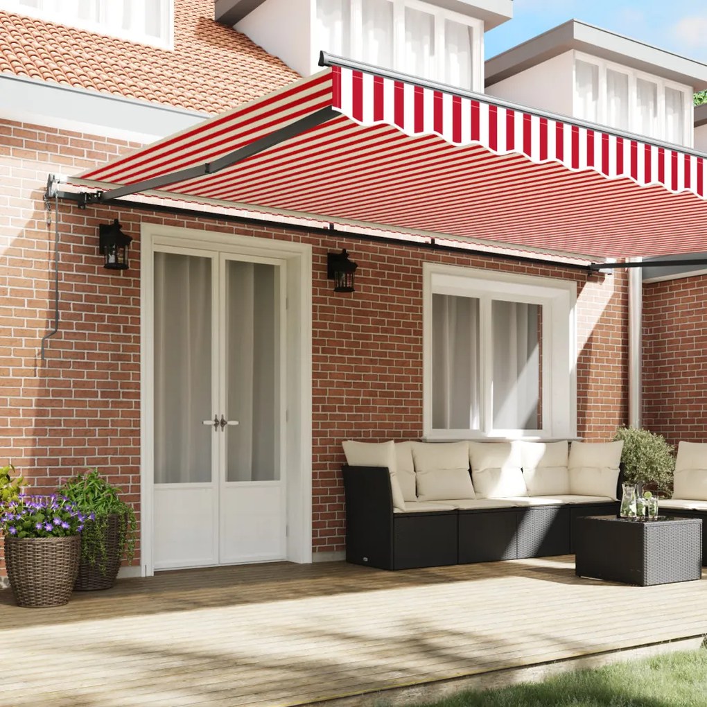 Automatikus Behúzható Napellenző Piros és Fehér Csík 500x350 cm