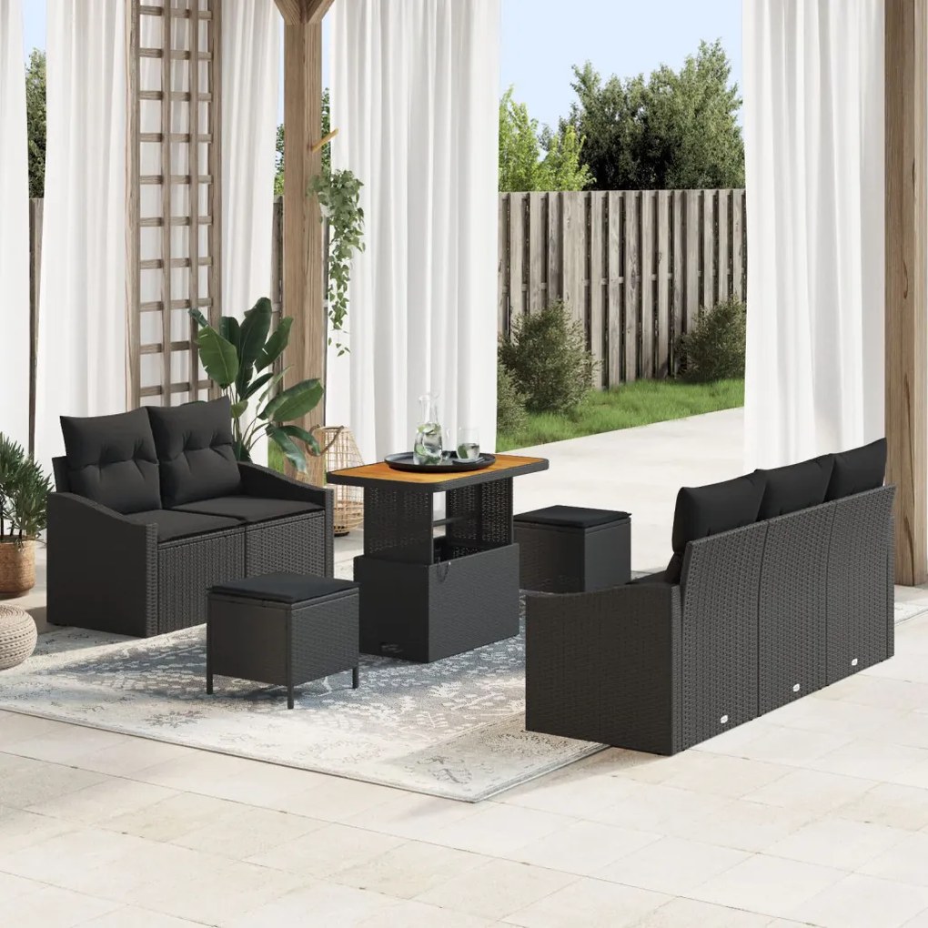 8 Részes Kerti Sofa Szett Párnákkal Fekete Polirattan Akácia, 2-Fős Kerti Sofa Párnákkal Fekete Polirattan, 3 Részes Kerti Étkező Szett Párnákkal Fekete Polirattan Akácia