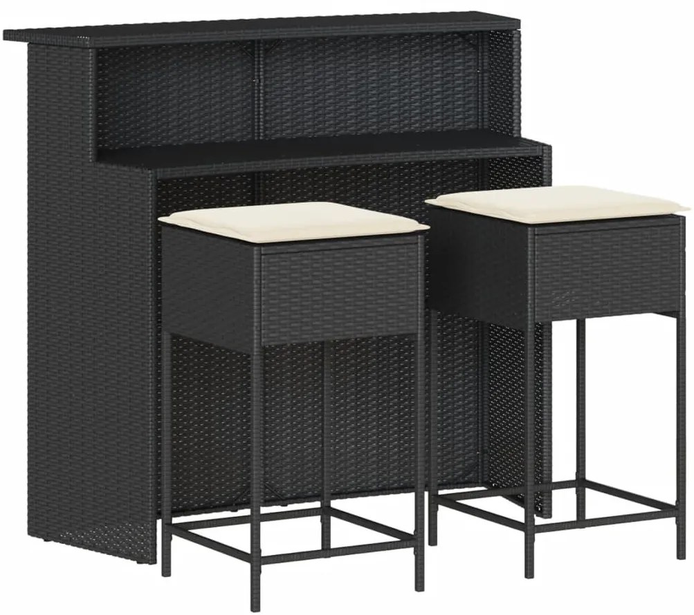 vidaXL 3 részes fekete polyrattan kerti bárszett párnával