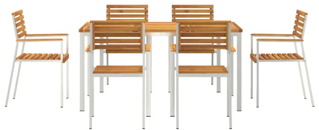 7 Darabos Kerti Étkezőszett Tömör Akácfából, Kültéri Étkezőasztal 150x90x75 cm Tömör Akácfából, Összecsukható Kerti Székek 2 db Tömör Akácfa és Acél, Összecsukható Kerti Székek 4 db Tömör Akácfa és Acél