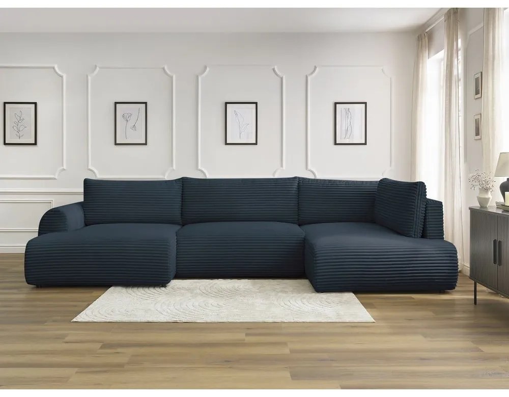Sötétkék kordbársony kinyitható sarokkanapé (bal oldali-U alakú) Lucien – Bobochic Paris