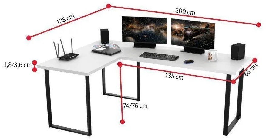 NAVI sarok számítógépasztal, 200/135x76x65, fekete