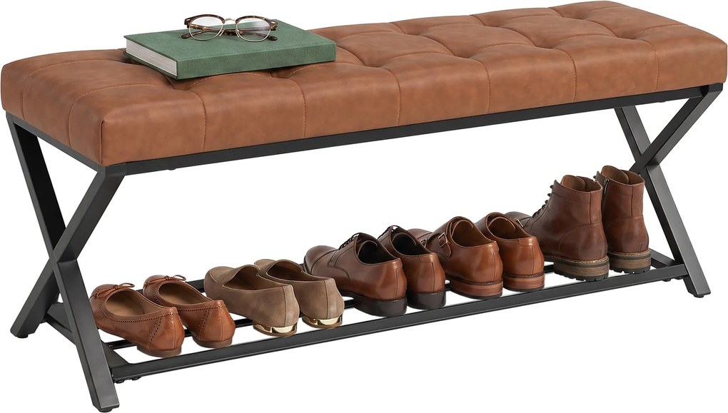 HOMCOM cipőpad párnázott üléssel, tárolópolccal, ipari X-keretes acélváz, PU bőr, max. 220 kg, 112 x 37 x 47 cm, barna | Aosom