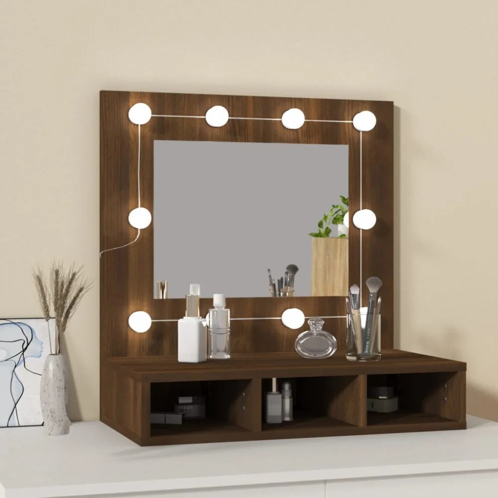 barna tölgy színű tükrös szekrény LED-ekkel 60 x 31,5 x 62 cm