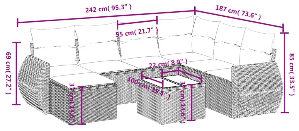 8 részes fekete polyrattan kerti ülőgarnitúra párnákkal