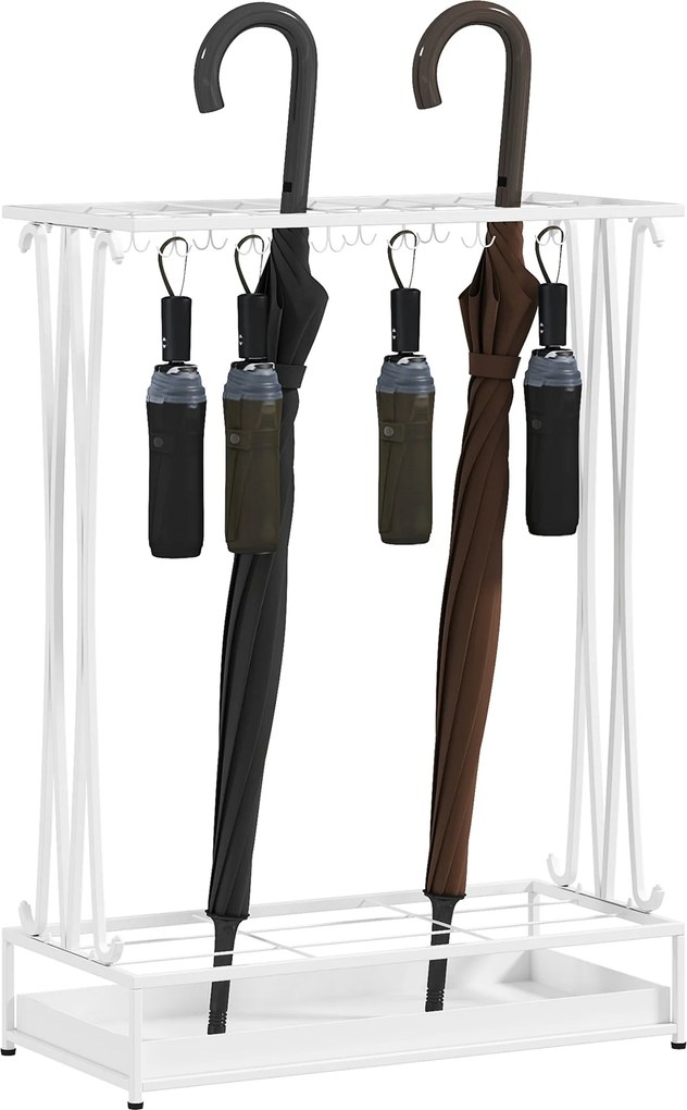 HOMCOM Modern Rectangular Umbrella Stand Acél Ernyőtartó 24 Horoggal 21 Helyel és Leválasztható Csepegtetőtálcával Bejárathoz Irodához 50x24x68 cm Feh