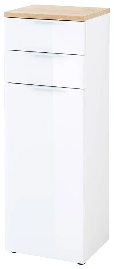 Fehér-natúr színű magas fürdőszoba szekrény tölgyfa dekorral 39x112 cm Pescara – Germania