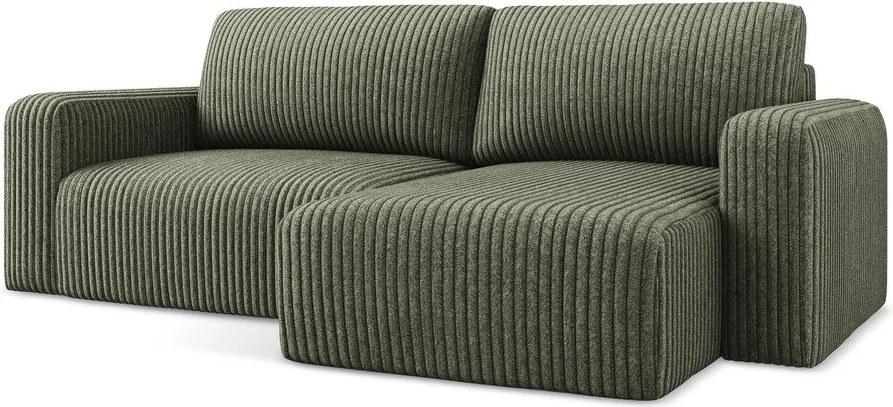 Zöld kordbársony kinyitható-tárolóhelyes sarokkanapé (jobb oldali-heverő résszel) Kona – Makamii