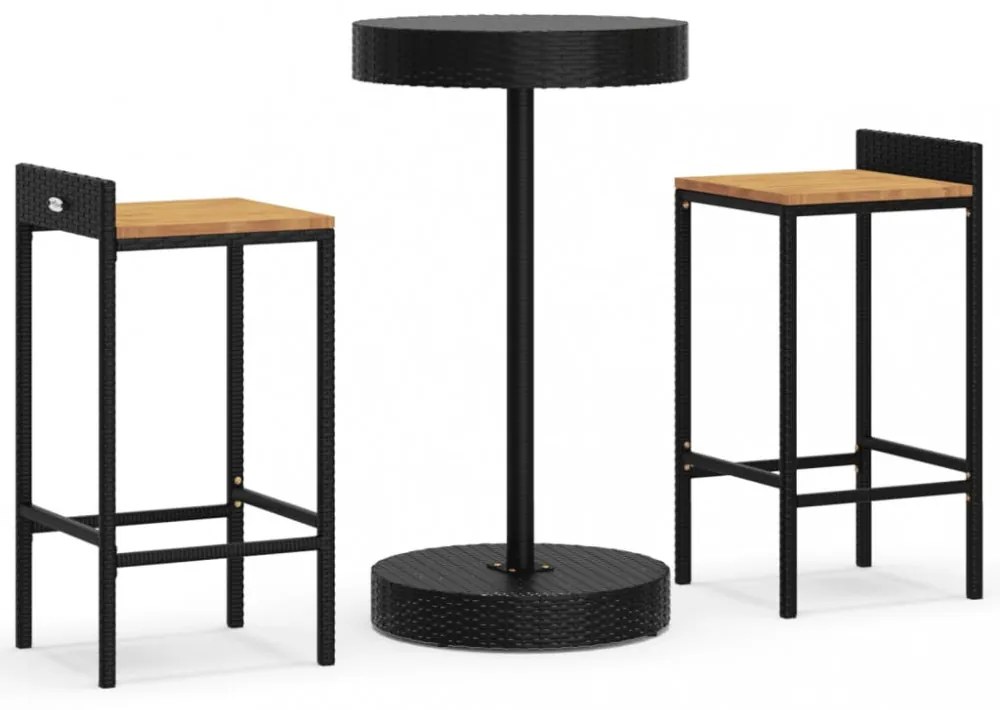 3 részes fekete polyrattan és tömör akácfa kerti bárszett
