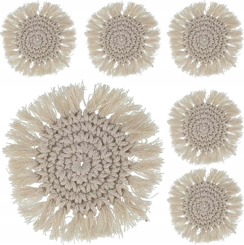 Asztali Alátétek boho 6 db-os makramé rojtos poháralátét szett