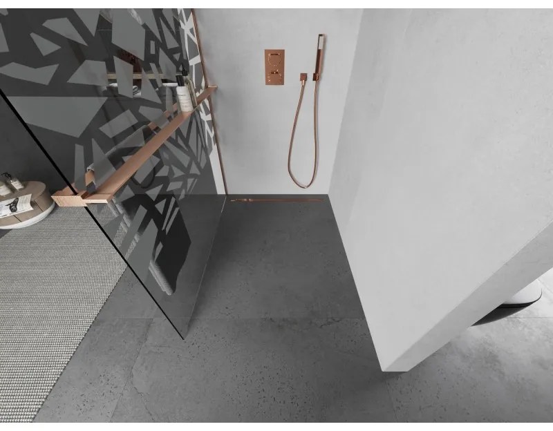 Mexen Kioto+, Walk-In zuhany paraván polccal és akasztóval 140 x 200 cm, 8 mm átlátszó üveg fehér mintás, réz matt profil, 800-140-121-65-85
