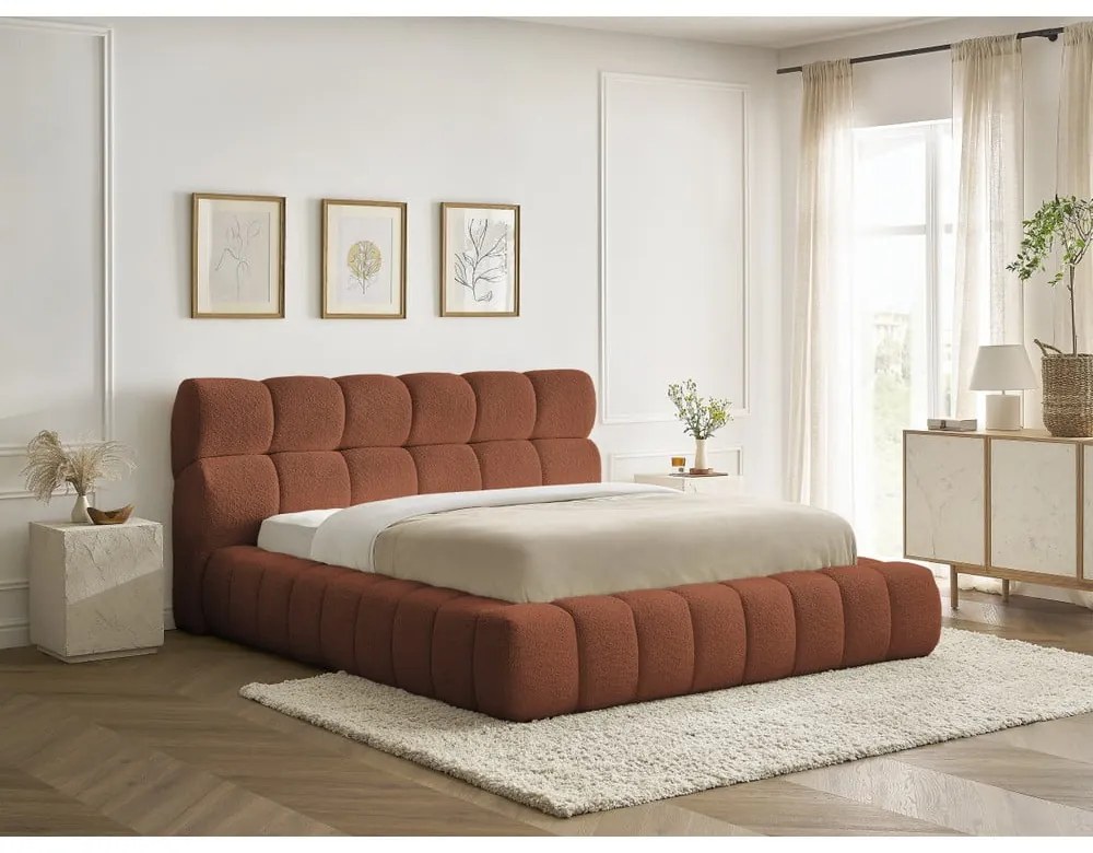 Narancssárga kárpitozott ágyneműtartós franciaágy ágyráccsal 160x200 cm Mont Blanc – Bobochic Paris