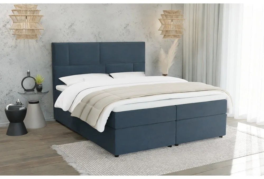 Sötétkék ágyneműtartós boxspring ágy 160x200 cm Lola – Ropez