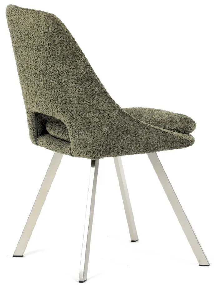 Scaun de sufragerie modern, tapițerie din material verde, picioare metalice, oțel inoxidabil periat.